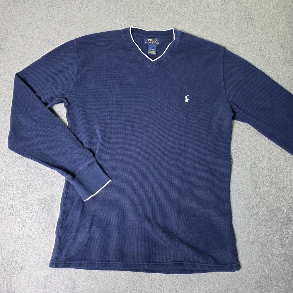 Polo Ralph Lauren Mens L Thermal Shirt Navy Blue Waffle Knit V-Neck Long Sleeve